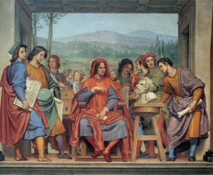 Laurent de Medici (Lorenzo the Magnificent) sitting in the middle of the artists, Fresco by Ottavio Vannini - Museo degli Argenti, Florence