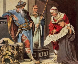 Charlemagne Has the Plan for the Palace Chapel of the Imperial Palace in Aachen Presented to Him, 796