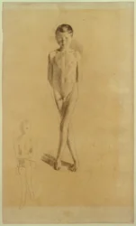 Naked Boy with Crossed Legs, Sketch of a Sitting Boy at Bottom Left