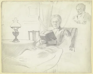 Luise Scholderer Reading with Table and Lamp, Bust Portrait of a Female Figure in the Background