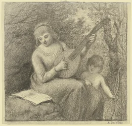 Music-Making Woman with Cupid