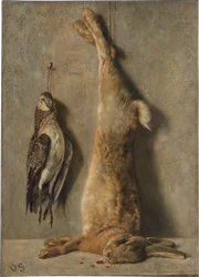 Still Life with Dead Hare and Guinea Fowl in Front of a Grey Wall