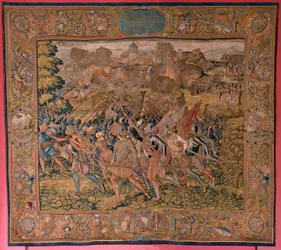 Flemish Tapestry. Series Triumphs and Battles of Archduke Albert. Night Assault on Ardres or Capture of the Low Town of Ardres. Third Tapestry in the Series. Model Otto van Veen and Hans I Snellinck