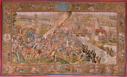 Flemish Tapestry. Series Triumphs and Battles of Archduke Albert. Surprise at Calais. First Tapestry in the Series. Model Otto van Veen and Hans I Snellinck. Manufacture Martin Reynbouts, Brussels. 1597-1599. Fabric Gold, Silver, Silk and Wool.