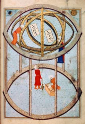 Astronomers manipulating a huge armillary sphere and tools to measure longitude and latitude