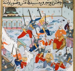 Capture of Constantinople: the army of the Ottoman Sultan Mehmet II in the Golden Horn besieged the city of Constantinople in 1453. 15th century miniature. Topkapi Sarayi Museum Library Istanbul