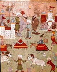 Festivities organized on the occasion of the circumcision of the son of the Ottoman Sultan Murad II, preparation of fireworks. Miniature of the 16th century. Istanbul, Topkapi Sarayi Museum Library