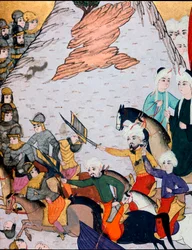 Ottoman Empire: clashes between the army of Sultan Bayezid I (Bajazet) (1360-around 1402) against the Franco-Hungarian alliance during the Battle of Nicopolis on 25/09/1396. 15th century miniature. Topkapi Sarayi Museum Library, Istanbul