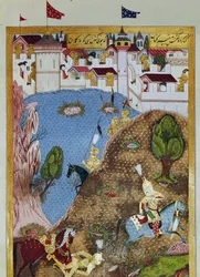 Ottoman Empire: representation of Sultan Soliman I and his army attacking the city of Belgrade. Miniature taken from 