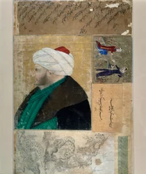 Portrait of the Sultan of the Ottoman Empire Mehet II. Turkish miniature from the manuscript Ms. H. 2153, folio 145b. End of the 15th century. Istanbul, Biblioteca Topkapi Sarayi