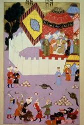The assassination of Sultan Murad I (1326-1389) by Serbian knight Milos Obilic in the Battle of Kosovo following the victory of the Ottomans over the Serbs. Miniature from Lokman