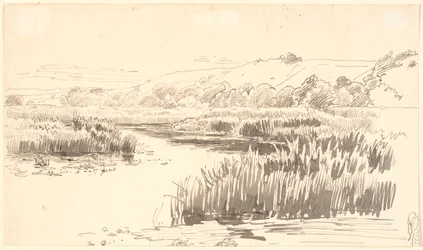 Landscape with a Stream Along Whose Banks Grow Tall Reeds. Hills in the Background. Probably Vejle