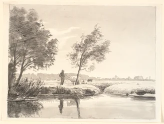 Landscape with Fields, Trees, Cows, and a Farmer Reflecting in the Foreground Water