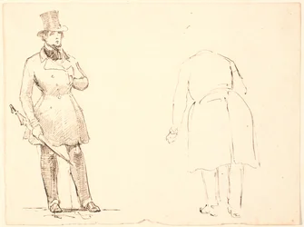 Standing Man with Umbrella and Bowing Man Seen from Behind