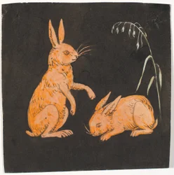 Two Hares (Rabbits?) on Black Background. Decorative Draft.