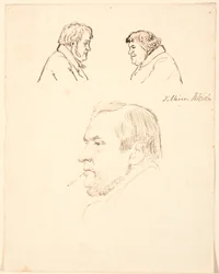 Two Caricatured Male Profiles and a Male Portrait in Profile Facing Left