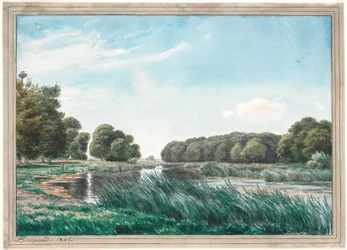 Wooded Landscape with a Lake and Three Children Fishing