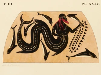 Print of the Decoration on a Greek Amphora, showing Poseidon accompanied by Dolphins, c. 1858
