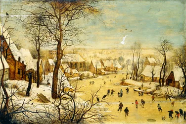 A Village in Winter with a Birdtrap and Skaters on a frozen waterway