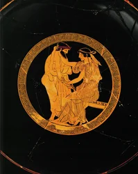 Love scene. Center medallion of a red-figured cup