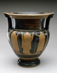 Red Figure Column Krater with Scene of a Woman and Two Youths