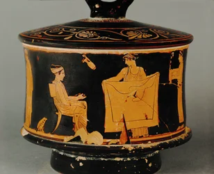 Domestic Scene, One Woman Showing a Piece of Cloth to the Other