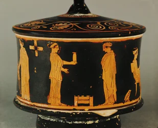 Domestic Scene, Two Women, One Offering a Jar to the Other