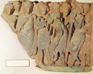 The Victory over the Serpent, relief depicting Buddha presenting the feared serpent to the awed Brahmans, Greco-Buddhist style, 1st-4th century