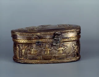 Paleochristian art: silver reliquary box known as Capsella de Brivio: the three Hebrews in the furnace. The three Hebrews refused to bow down to a statue raised by King Nebuchadnezzar, they were thrown into the furnace but came out unharmed. 5th century AD