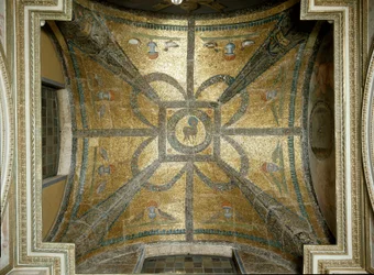 Mosaics of the 5th century, in the center the lamb. Vault of the chapel of St. John the Evangelist inside the Paleochristian baptistery of San Giovanni in Laterano, built around 440. Rome