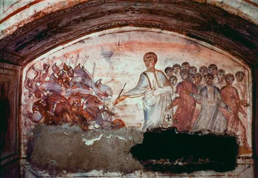 Paleochristian Art (period of ancient Rome): Passage of the Red Sea. Fresco from the Catacomb of Via Latina. 4th century