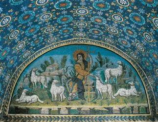 The Good Shepherd, Mosaic of the bezel above the entrance door of the Mausoleum of Galla Placidia, c.425