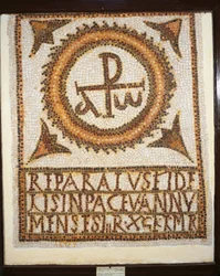 The Uppenna Mosaic, Mosaic work depicting a tomb with an epitaph: alpha and omega (the beginning and the end)