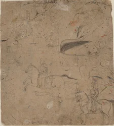 Page from a Sketchbook Showing Rulers on Horseback, Boars, and a Palace Scene