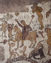 Representation of King Arthur and Perceval. Mosaic of Pantaleone, priest and mosaic. 1163-1166. Central nave of the Cathedral of Otranto, Italy