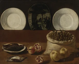 Still Life with Plates, a Sack Filled with Olives, Game, Pomegranates, and Quince