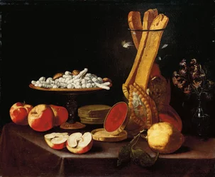 Sweets on a Tazza, Narcissi in a Glass Vase, Breadsticks in a Jar, and Apples, Jelly and a Lemon on a Draped Table