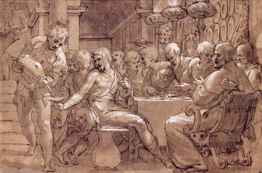 The supper of Saint Gregory, drawing by Paolo Farinati (1524-1606), grey-brown watercolour, pen, white lead, and black pencil, Italy