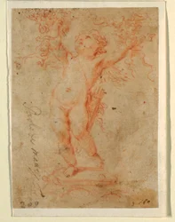 Cupid Raising Bunches of Flowers with Both Arms