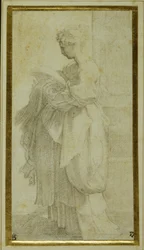 Standing figure of a girl with bulky draperies
