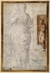 Back view of a woman carrying a child; a man leaning on his staff waits in a doorway