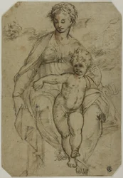 Virgin and Child (recto); Sketch of Three Saints and Caricature Sketch (verso)