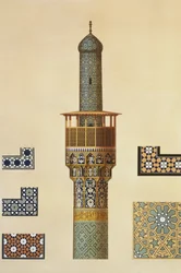A Minaret and Ceramic Details from the Mosque of the Medrese-i-Shah-Hussein, Isfahan, plate 24-25 from 