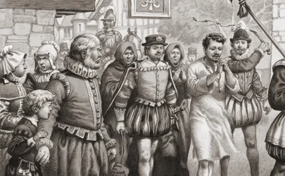 King Henri III of France doing penance by walking through the streets of Paris in a hair shirt whilst being whipped