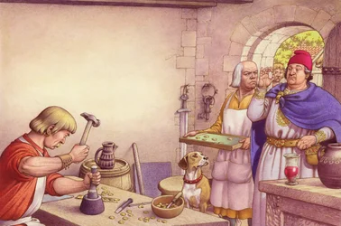 King Offa examines coins made at the Royal Mint of Mercia