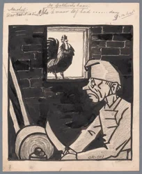 Man Sharpening Knife While the French Rooster Crows