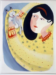 Young woman stroking her cat (illustration by Patrizia La Porta)