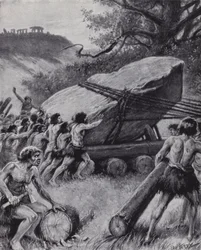 Paleolithic Men Moving a Giant Slab of Rock on Wheels (litho)