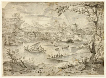 View of City with Fishing Boat in Foreground