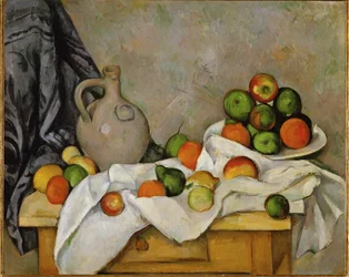 Curtain, jug and bowl of fruit